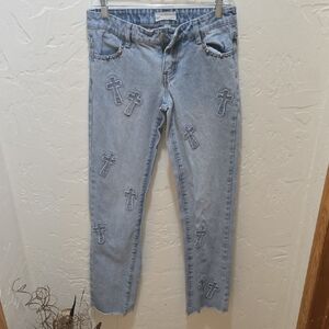 Austin Landing Low Rise Light Blue Straight Leg Jeans with Cross Accents Raw Hem